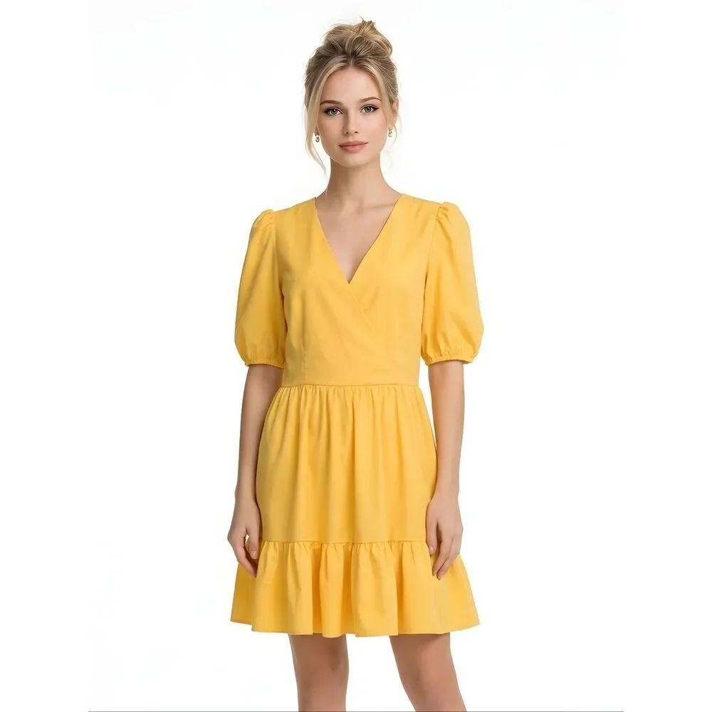 Eliza J Yellow Surplice Neck Puff Sleeve Fit & Flare Dress Size 10